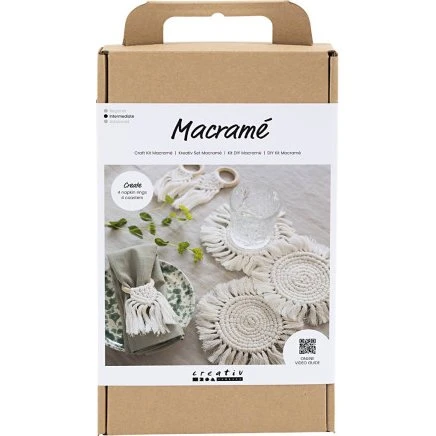 CC Hobby DIY Kit Macramé borddekoration, off white (4 servietringe & 4 glasbrikker)