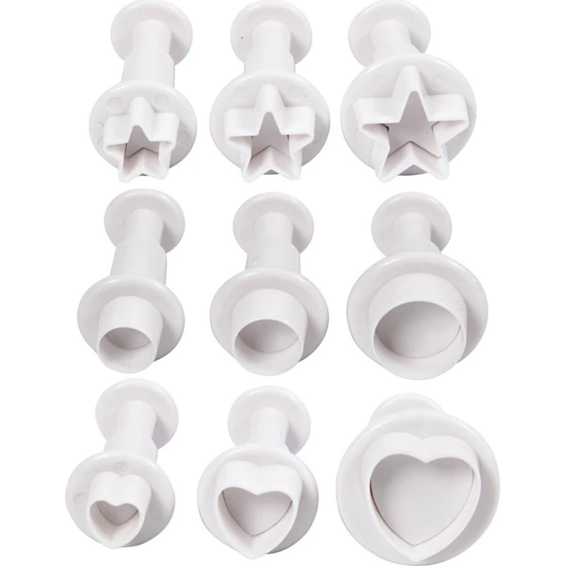 Udstikkere med præg 9 stk. – stjerne/cirkel/hjerte Ø1,1–3, hvid
