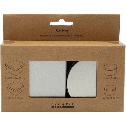 Metaldåse 4 stk. – rund & firkantet, grå metal