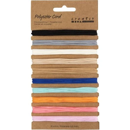 Polyester snor 0,6 mm, assorterede farver, 10×4 m