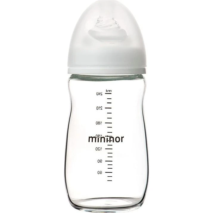 Mininor glas-sutteflaske 240 ml med silikone (vælg suttestørrelse)