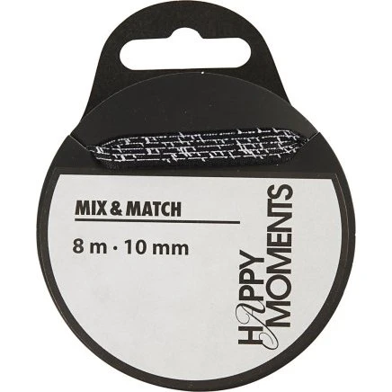 Satinbånd med print, 10 mm - sort, 8 m