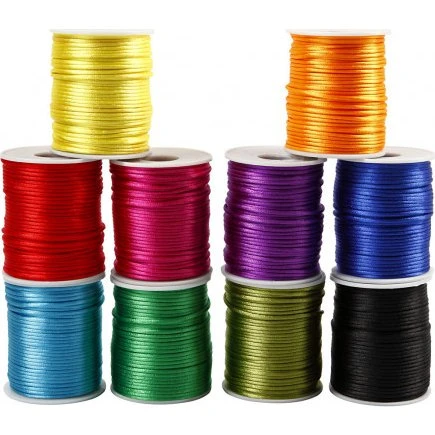 Satinsnor 2 mm 10x50 m – rundvævet i stærke farver