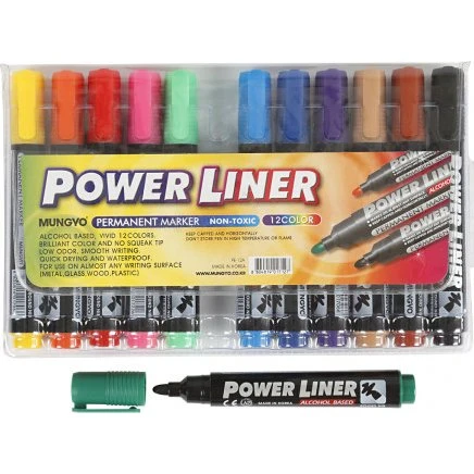 Power Liner permanent tusch 1,5–3 mm, 12 assorterede farver