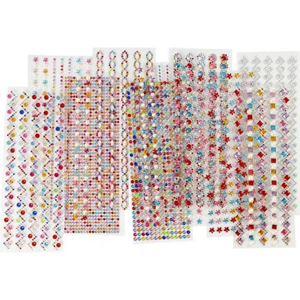 Rhinsten Selvklæbende 12 ark, diam. 2–10 mm, 27×9 cm