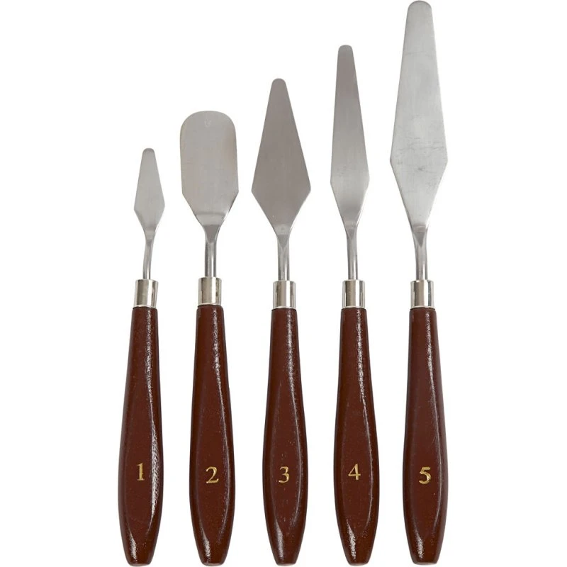 Uden mærke malerknive, 5 stk – L 17–23 cm, B 1,5–2,5 cm