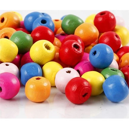 Træperlemix ø10 mm, hul 2,5–3 mm, assorterede farver, 500 g