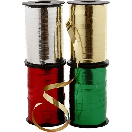 Gavebånd 10 mm blank, 4x250 m – guld/sølv/rød/grøn