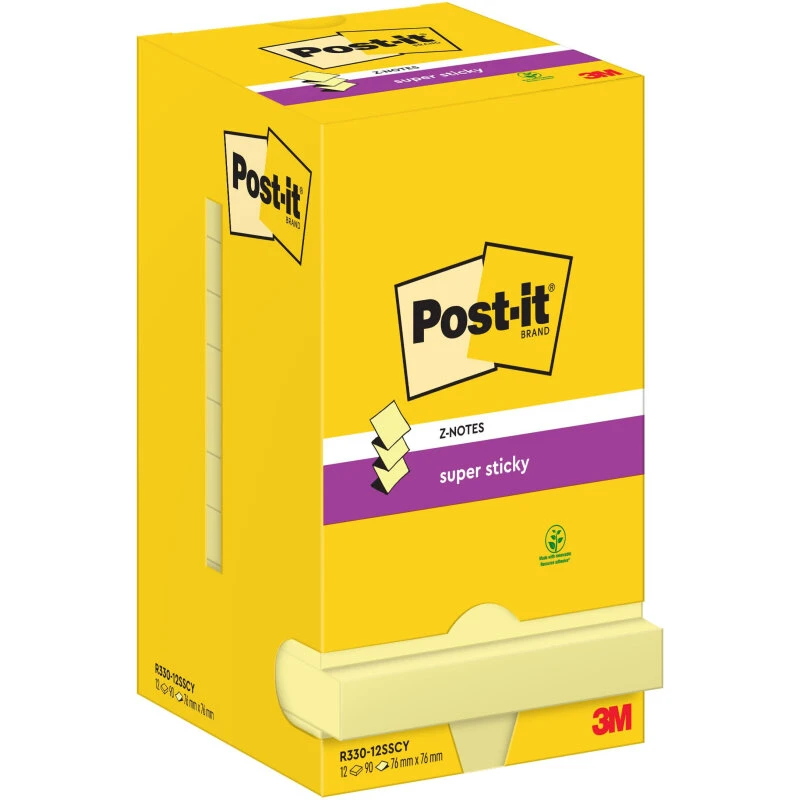 Post-it Super Sticky Z-Notes canarygul 76x76 mm, 12 blokke