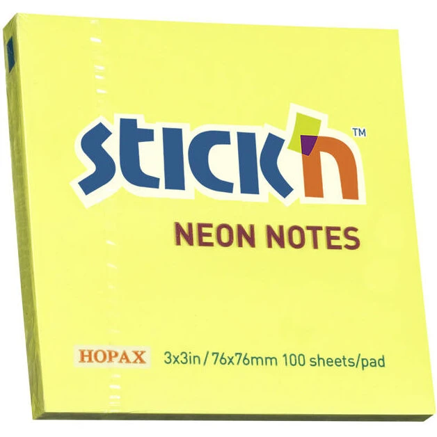 Stick'n Notes 75x75 mm neon gul - 100 ark