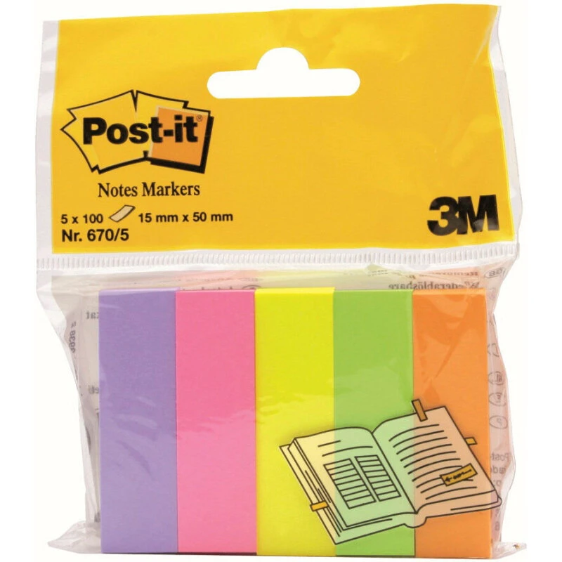 Post-it sidemarkører 15x50 mm, neon 5 farver, 5 x 100 blade