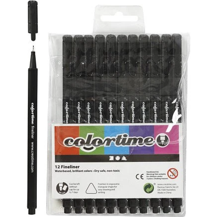 Colortime Fineliner 0,6-0,7 mm, sort - 12 stk