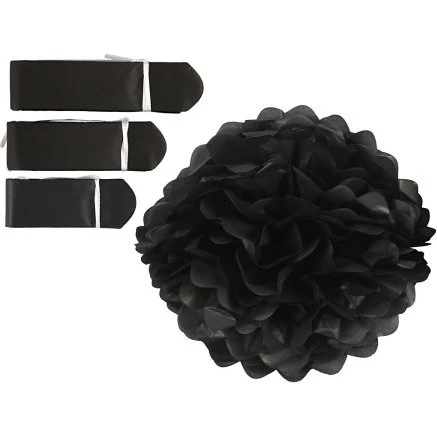 Papirpomponer 20/24/30 cm 16 g - Sort, 3 stk.