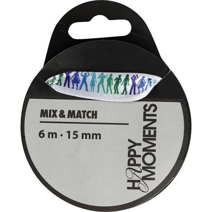 Satinbånd med print 15 mm lyseblå, 6 m