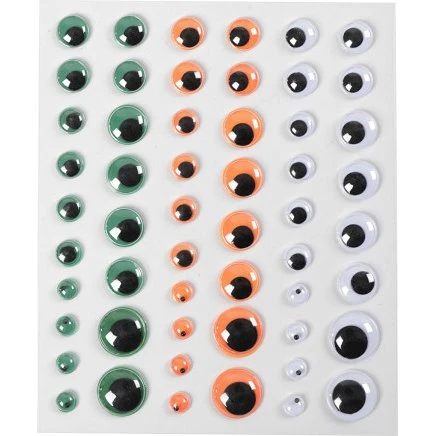 Rulleøjne selvklæbende 6–15 mm, 54 stk., grøn/orange/hvid