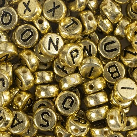 Bogstavperler Ø7 mm hul 1,2 mm, guld - 21 g (1 pk)