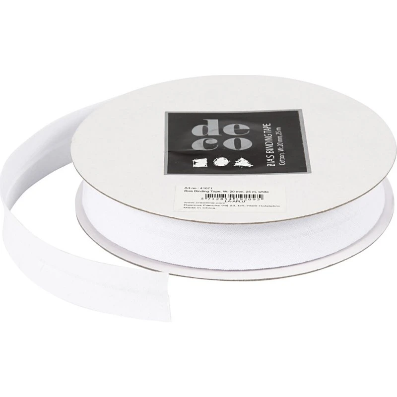 Skråbånd 20 mm hvid - 25 m (100% bomuld)