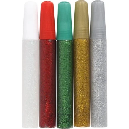 Glitterlim 5x10 ml – 5 farver (rød, blå, grøn, lilla, sølv)