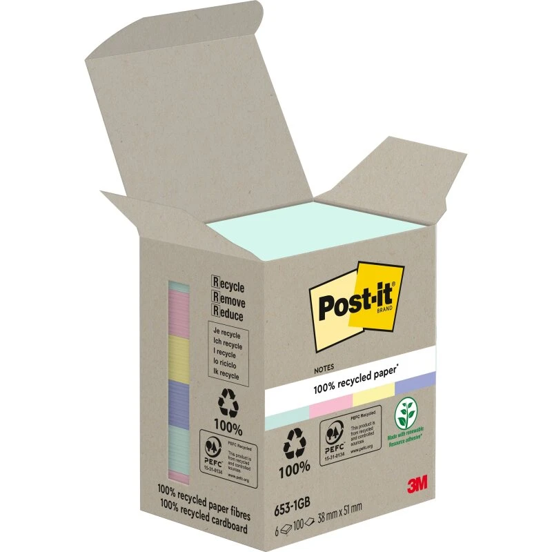 3M Post-it Recycling Notes 653-1GB, 51x38 mm, 6x100 farver