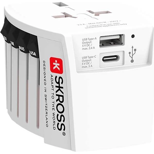 SKross MUV World rejseadapter, 15W (USB‑C + USB), hvid