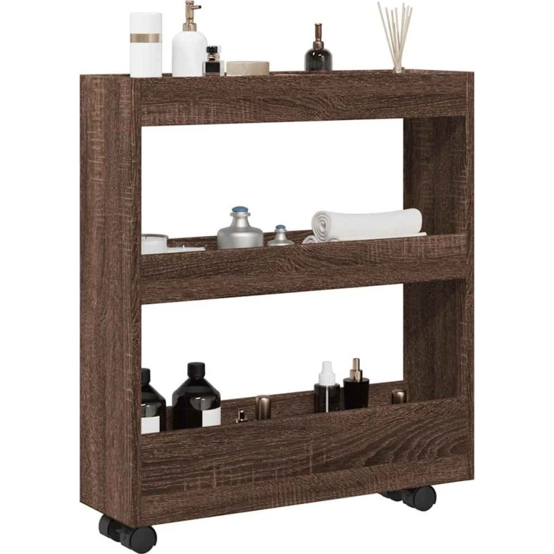 vidaXL smal opbevaringsvogn 3 hylder brun egetræ