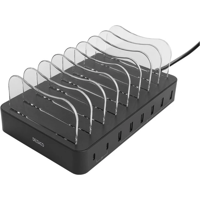DELTACO DPS-0201 USB-ladestation 6x USB-A 2x USB-C PD 75W, sort