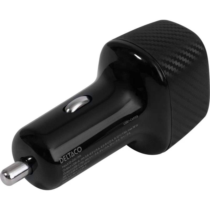 Deltaco USB-biloplader 1x USB-C PD 45W + 1x USB-A 18W, 63W