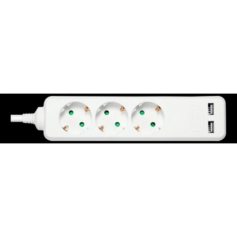Deltaco GT-0310 stikdåse 1,5 m – 3x CEE 7/3 + 2x USB-A, hvid