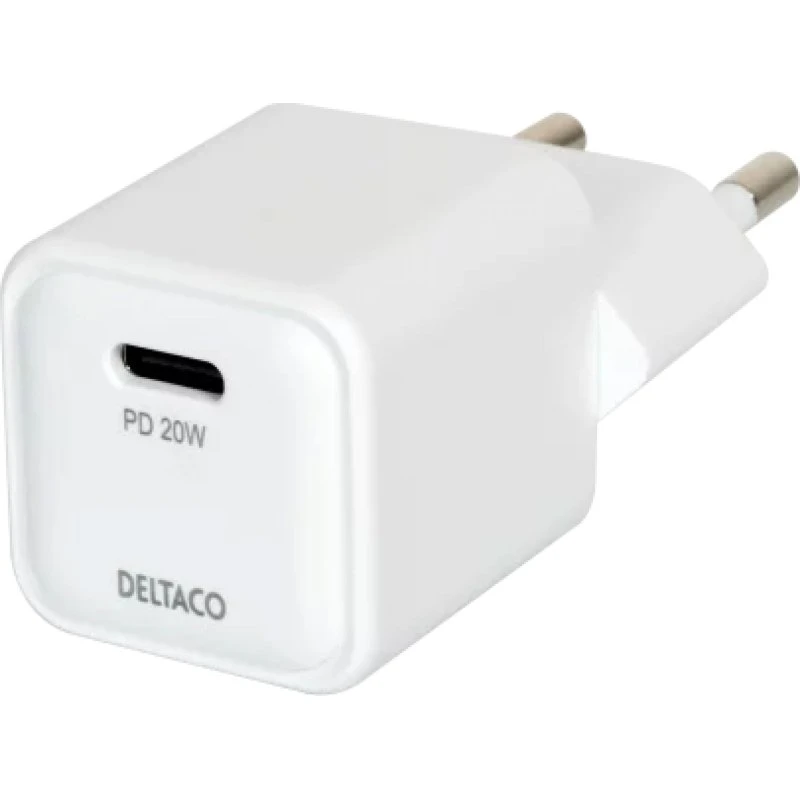 Deltaco USB-C mini-vægoplader 20 W (1x USB-C) – hvid