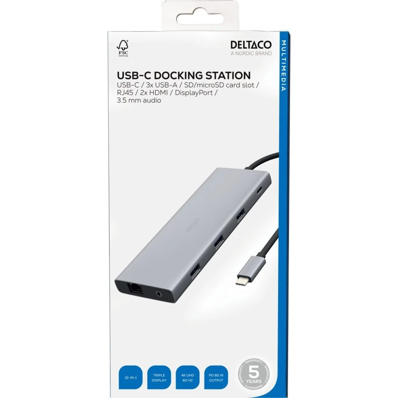Deltaco 12-i-1 USB-C Dockingstation, 4K60 Triple-skærm, PD 85W, Sølv