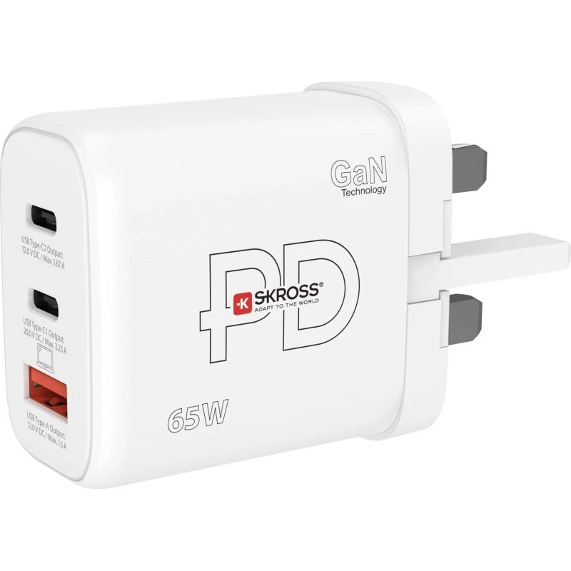 SKROSS Power Charger 65W GaN UK 2xUSB‑C + 1xUSB‑A