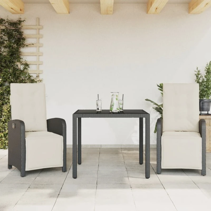 vidaXL 3-dele bistrosæt i polyrattan med hynder, sort