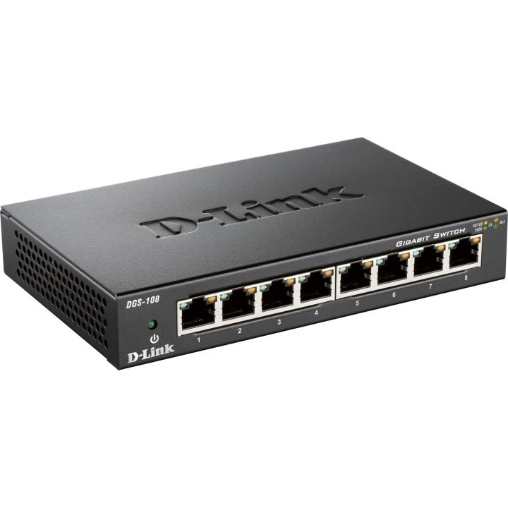 D-Link DGS-108 8-port Gigabit Switch, metal kabinet, sort