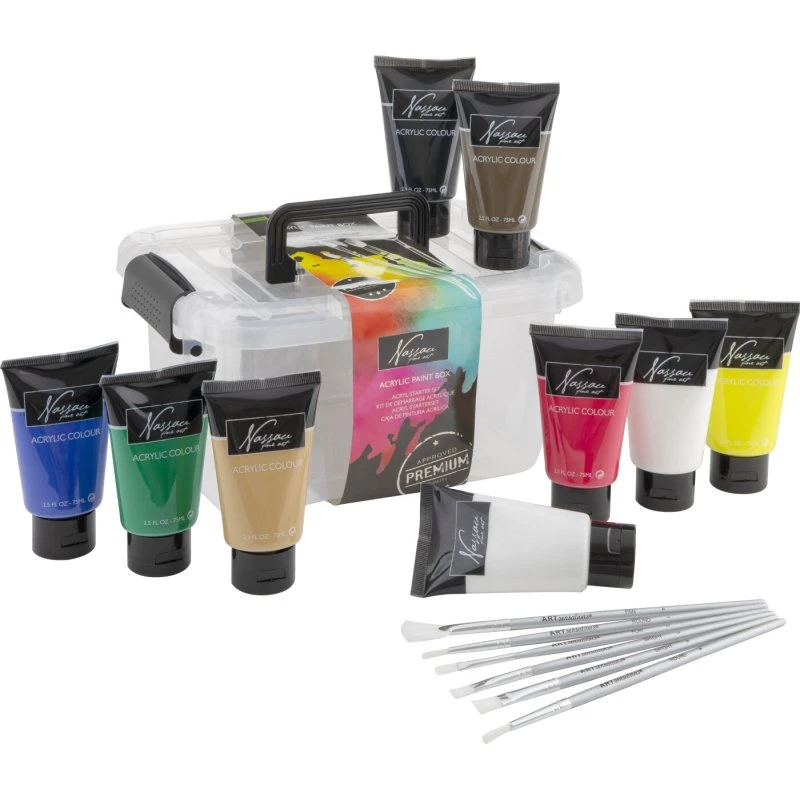 Nassau Akrylmaling sæt 9 x 75 ml inkl. 6 pensler