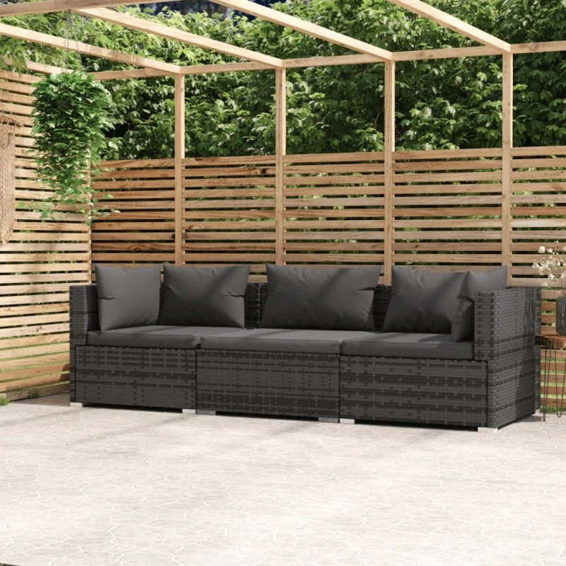 vidaXL 3-personers sofa i polyrattan med hynder, grå