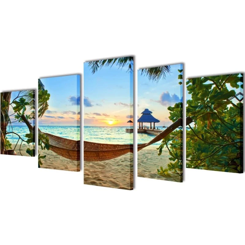 Kanvas 200x100 cm lærred – Sandstrand med hængekøje (5-panel)