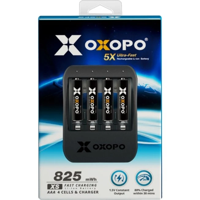 OXOPO Li‑Ion 4xAAA 550 mAh med USB-oplader (sort)