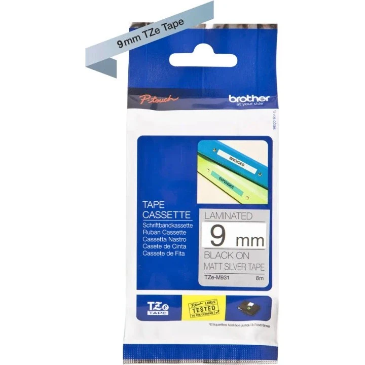 Brother TZe-M921 lamineret tape 9 mm x 8 m, sort på mat sølv