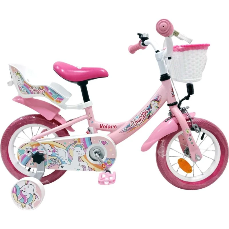 Volare Unicorn 12'' børnecykel med støttehjul, kurv - Pink
