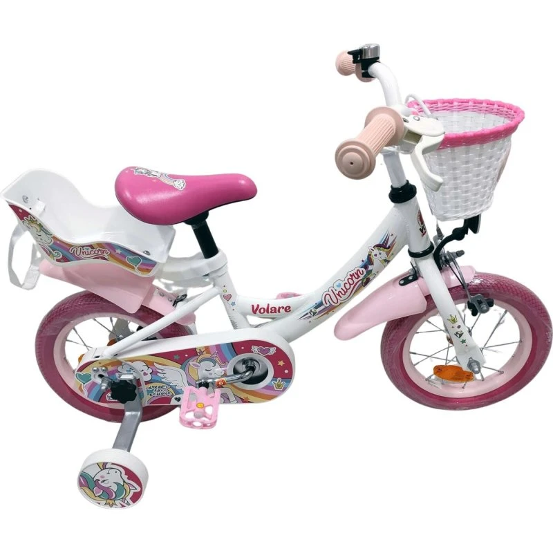 Volare Unicorn 12" børnecykel – hvid med støttehjul og kurv
