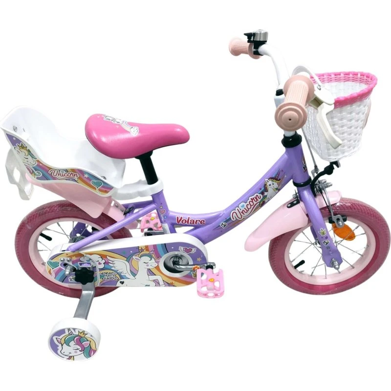 Volare Unicorn 12" børnecykel - lilla, støttehjul & kurv