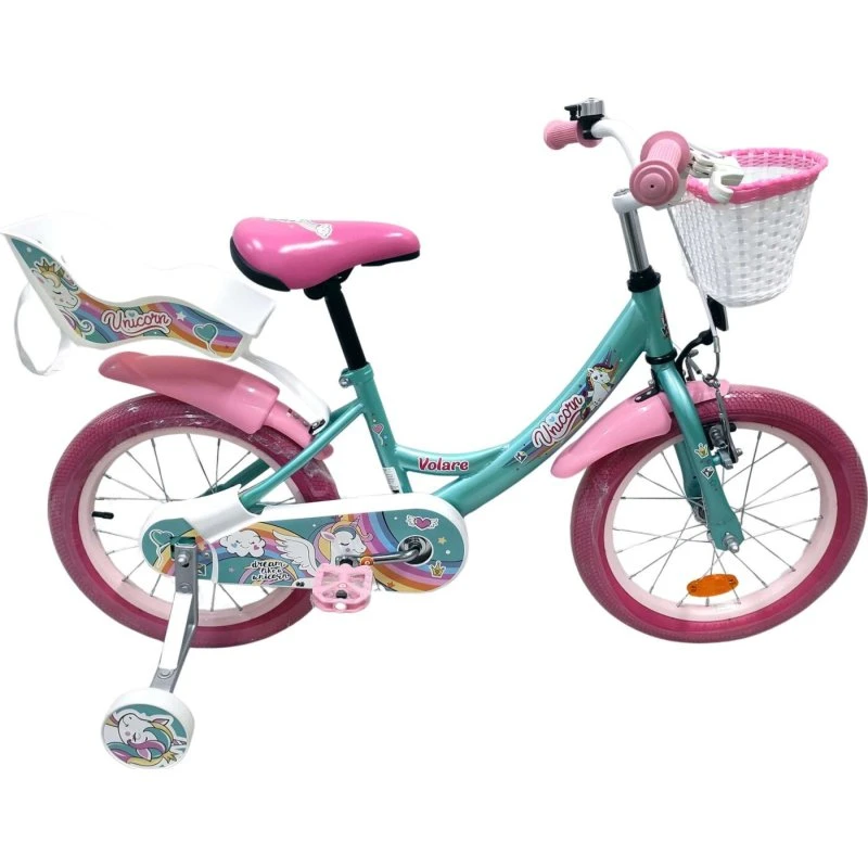 Volare Unicorn børnecykel 16" med støttehjul og kurv, grøn