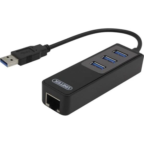DELTACO USB 3.0 netværksadapter (Gigabit, 1x RJ45 + 3x USB-A) - sort