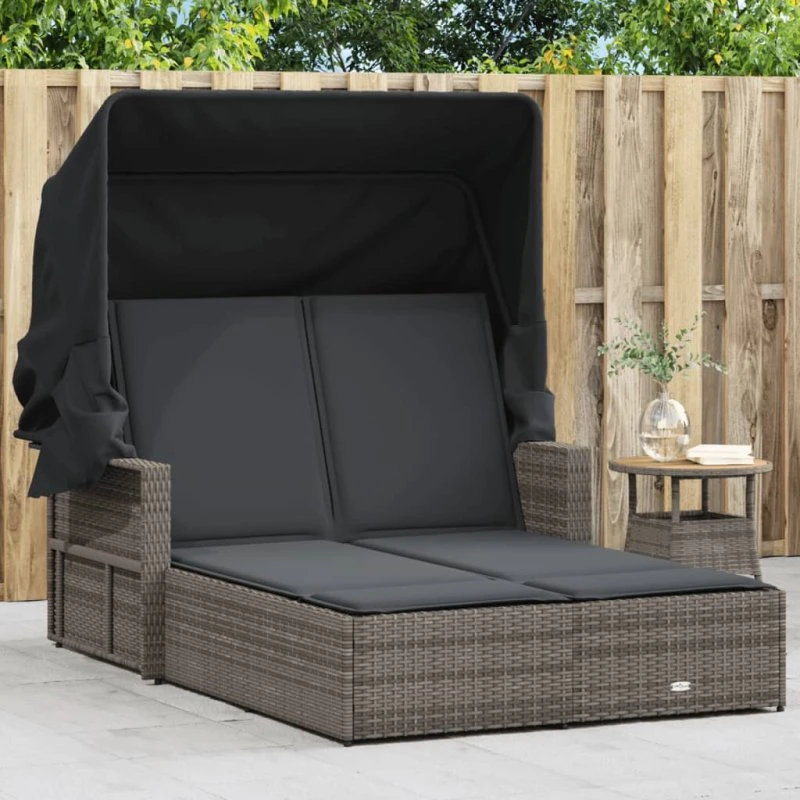 vidaXL Dobbel solseng med baldakin og hynder, polyrattan grå