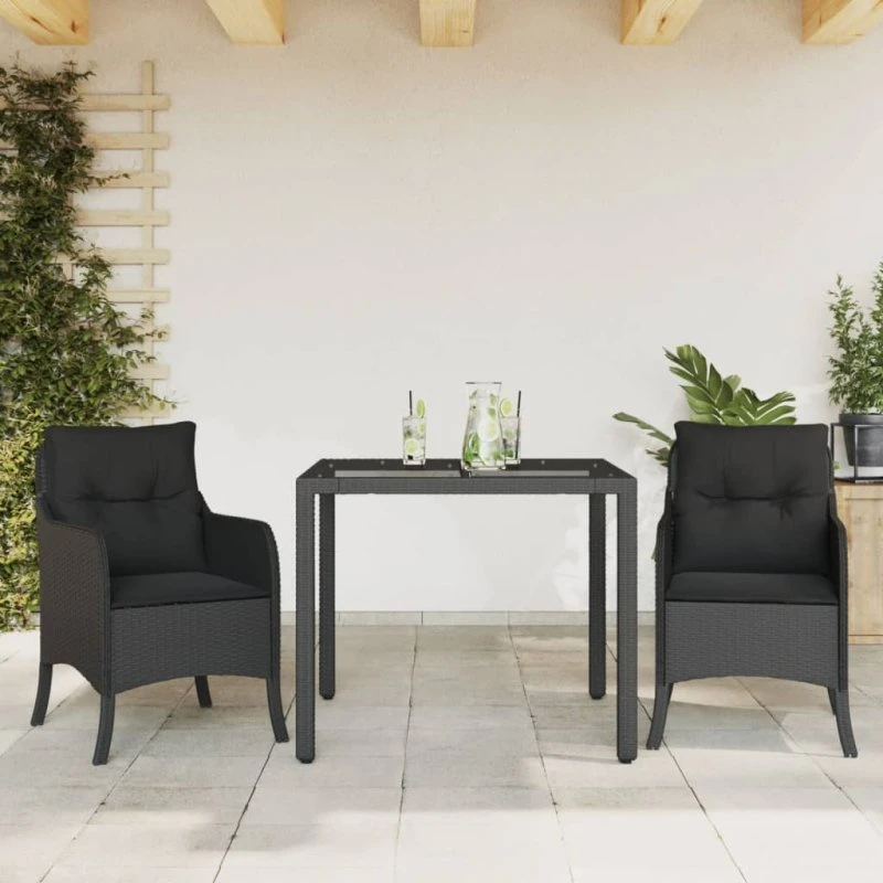 vidaXL 3-del. spisebordssæt i polyrattan sort m. hynder