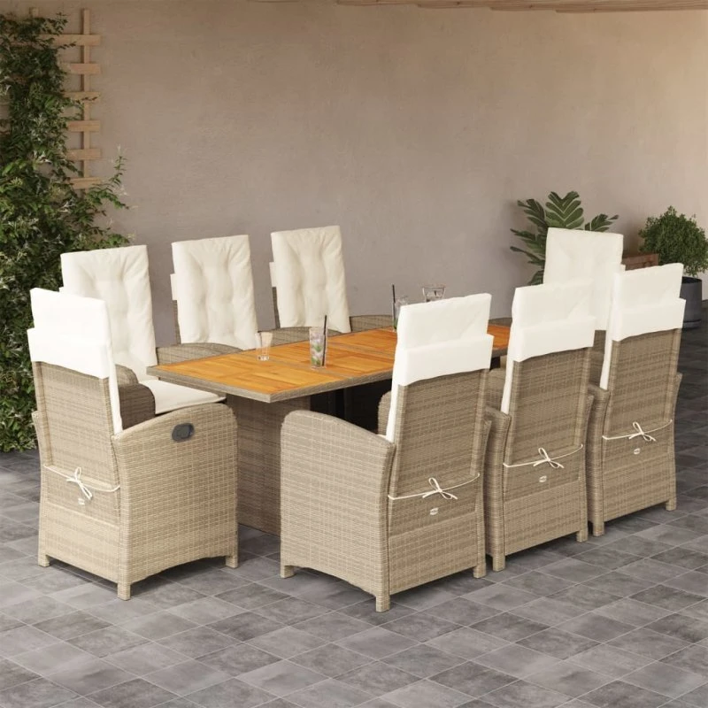 vidaXL spisebordssæt til haven 9 dele med hynder, polyrattan beige