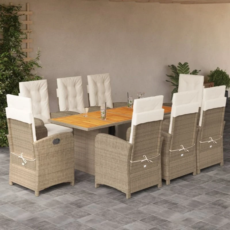 vidaXL spisebordssæt til haven 9 dele polyrattan med hynder, beige