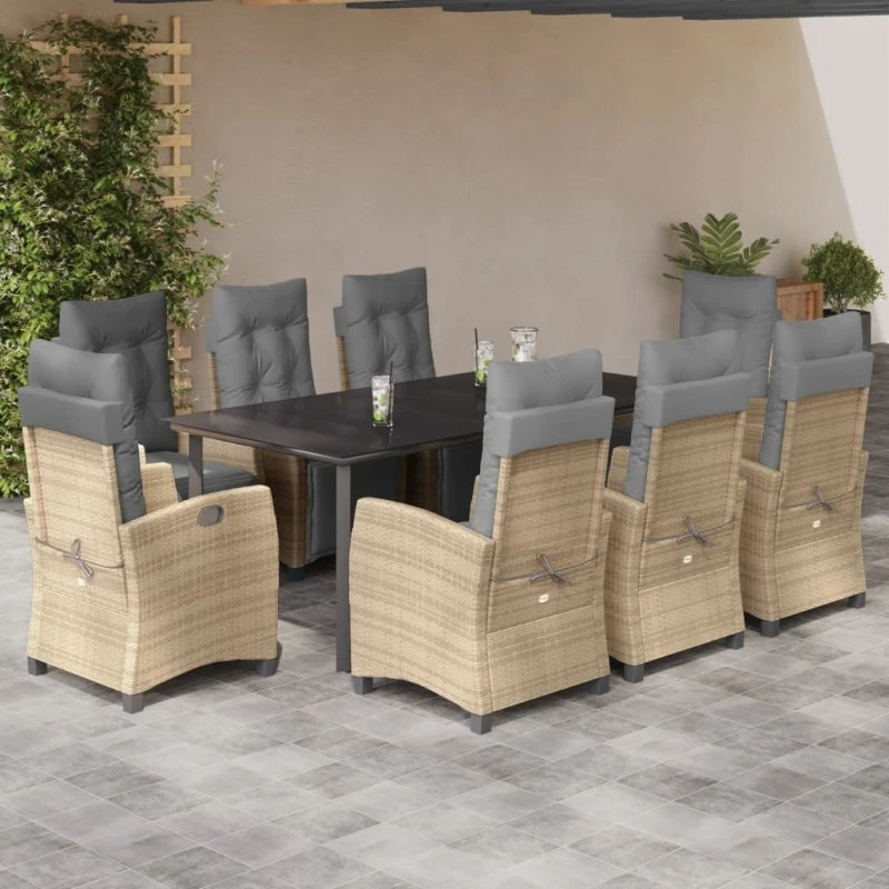 vidaXL spisebordssæt til haven 9 dele polyrattan beige