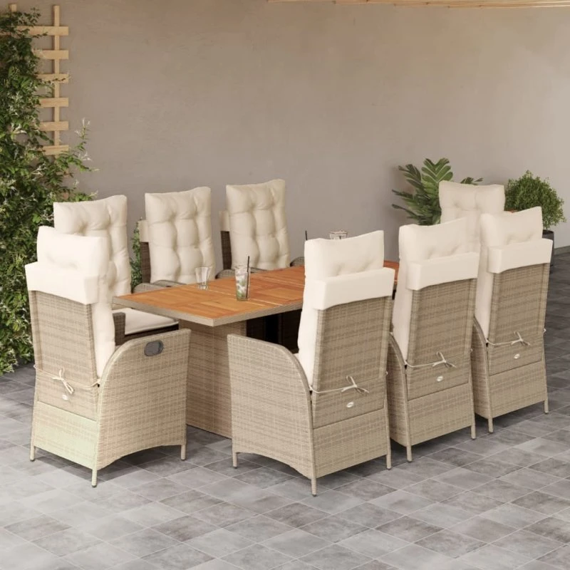 vidaXL spisebordssæt til haven 9 dele polyrattan beige