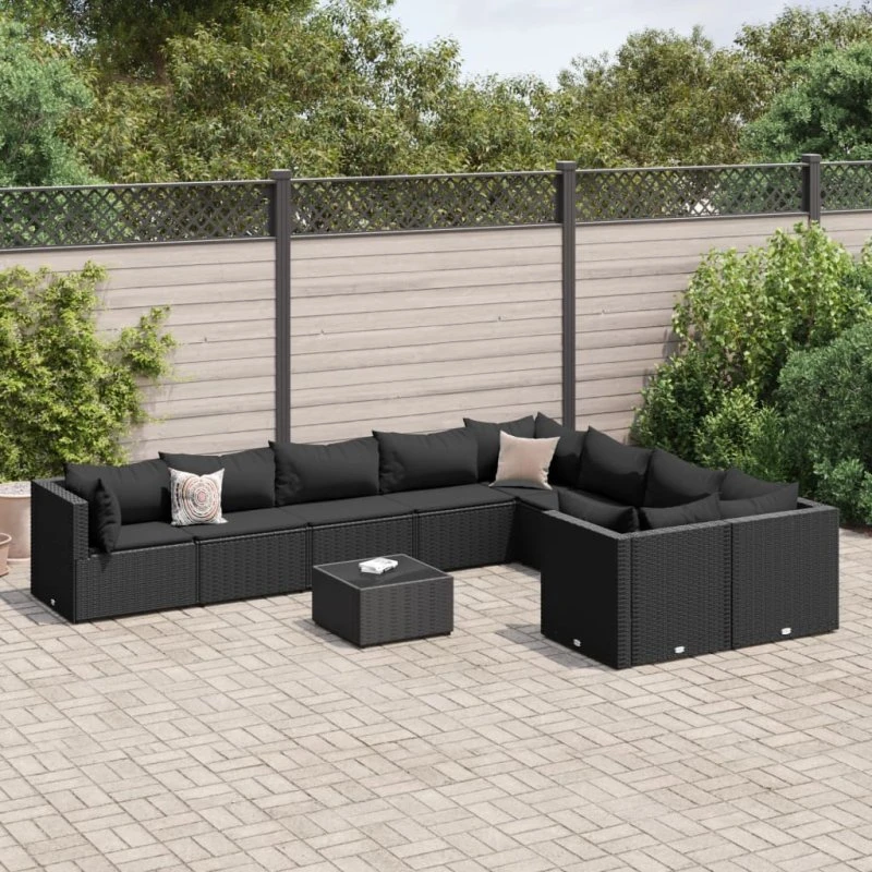 vidaXL havesofasæt 10 dele polyrattan med hynder, sort